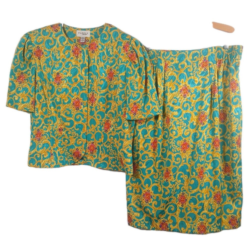Papèll Boutique Vintage Green Gold Floral Two Piece Jacket And Skirt Set 14 EUC